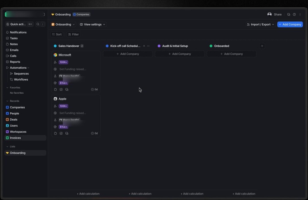 Attio Onboarding kanban list view in dark mode, scoped to the Companies object. Four pipeline columns run across the canvas: Sales Handover (2 records), Kick-off call Scheduled, Audit and Initial Setup, Onboarded. Two company cards sit in Sales Handover (Microsoft, Apple), each showing employee range pill 100K+, a Set Funding raised placeholder, owner Marco Serafini, ARR pill $10b+, plus action icons and a 0d in-stage counter. Left nav lists Notifications, Tasks, Notes, Emails, Calls, Reports, an Automations group with Sequences and Workflows, a Records group with Companies, People, Deals, Users, Workspaces, Invoices, and a Lists section showing the active Onboarding list.