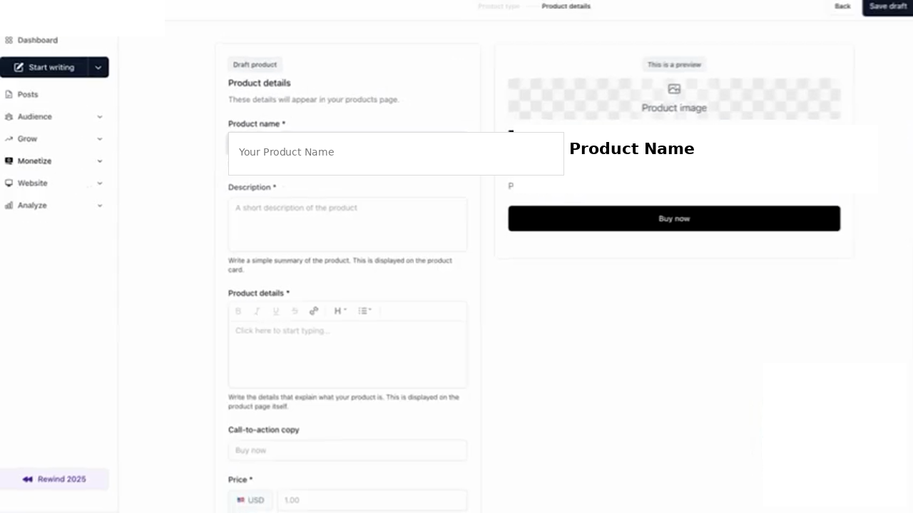 Beehiiv Product Details creation page showing the product name input, description field, details/CTA/price fields on the left and a live product-card preview on the right with Buy now button