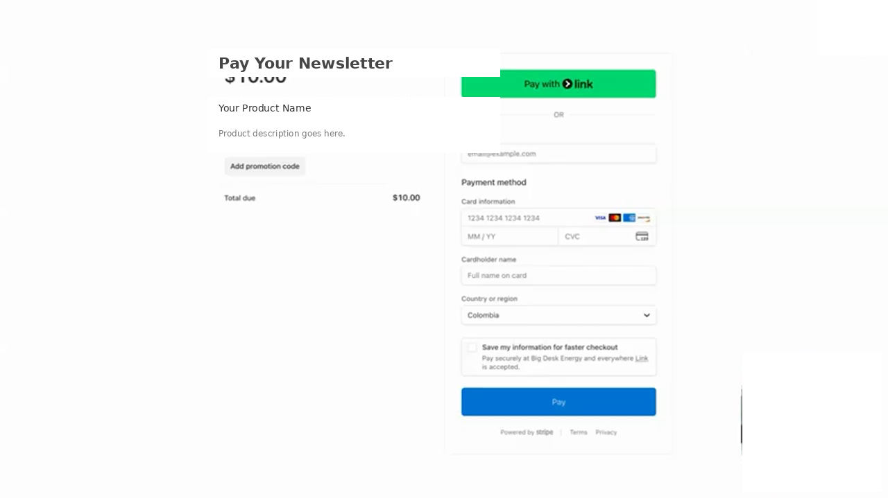 Stripe-powered checkout flow for a Beehiiv product showing the price, product name, payment fields, and the Pay with Link button — what the buyer sees after clicking the product CTA