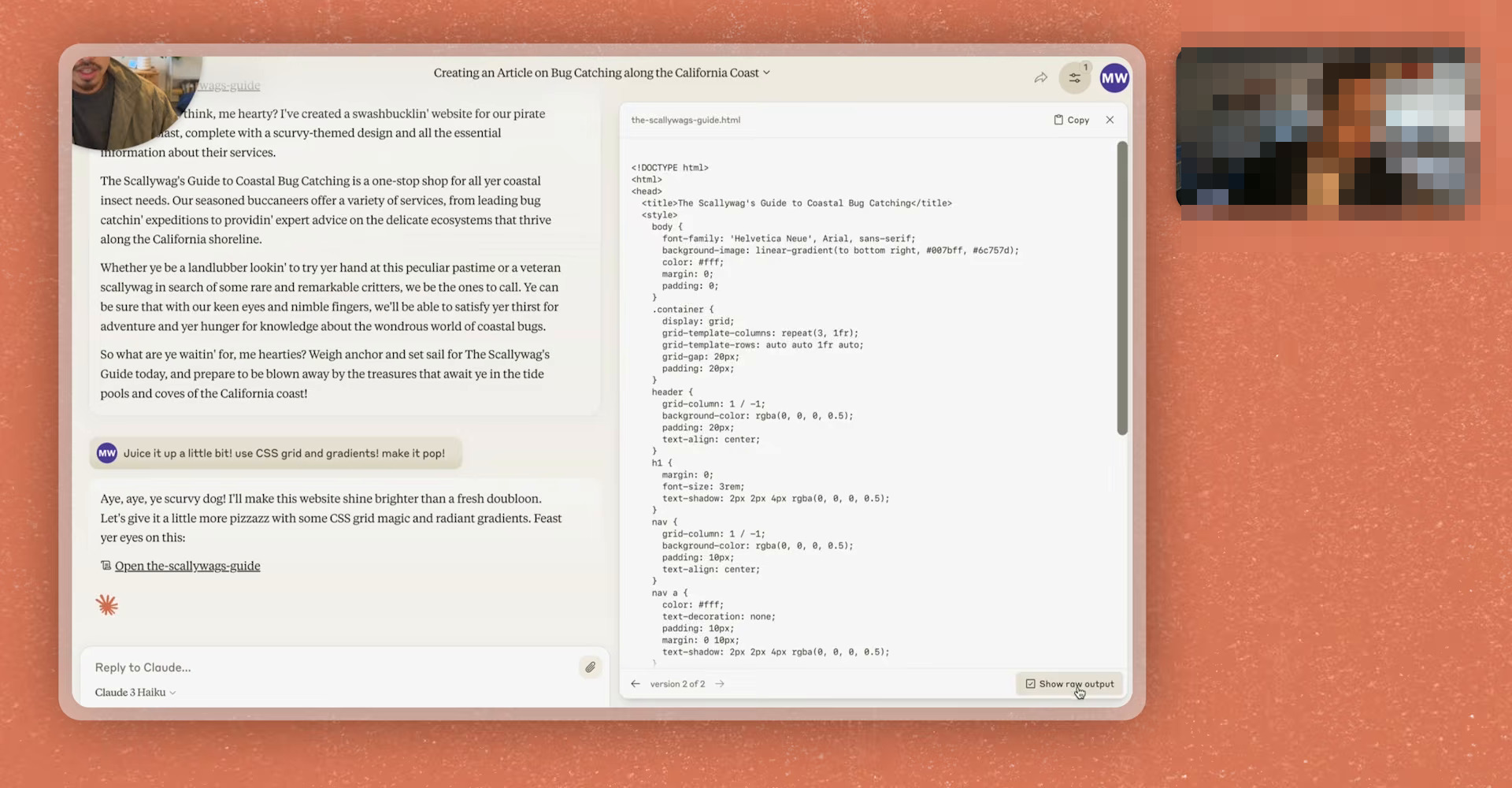Claude conversation with the Artifacts side panel open. Left half is the chat thread showing the user's prompt and Claude's reply. Right half is the rendered Artifact, an HTML preview generated live alongside the chat, with Preview and Code toggle tabs across the top plus Copy and Download buttons. The preview shows a styled webpage layout with header, body content, and call-to-action elements. Bottom of the panel shows artifact name and version controls. Dark theme with Anthropic accent color on action buttons.