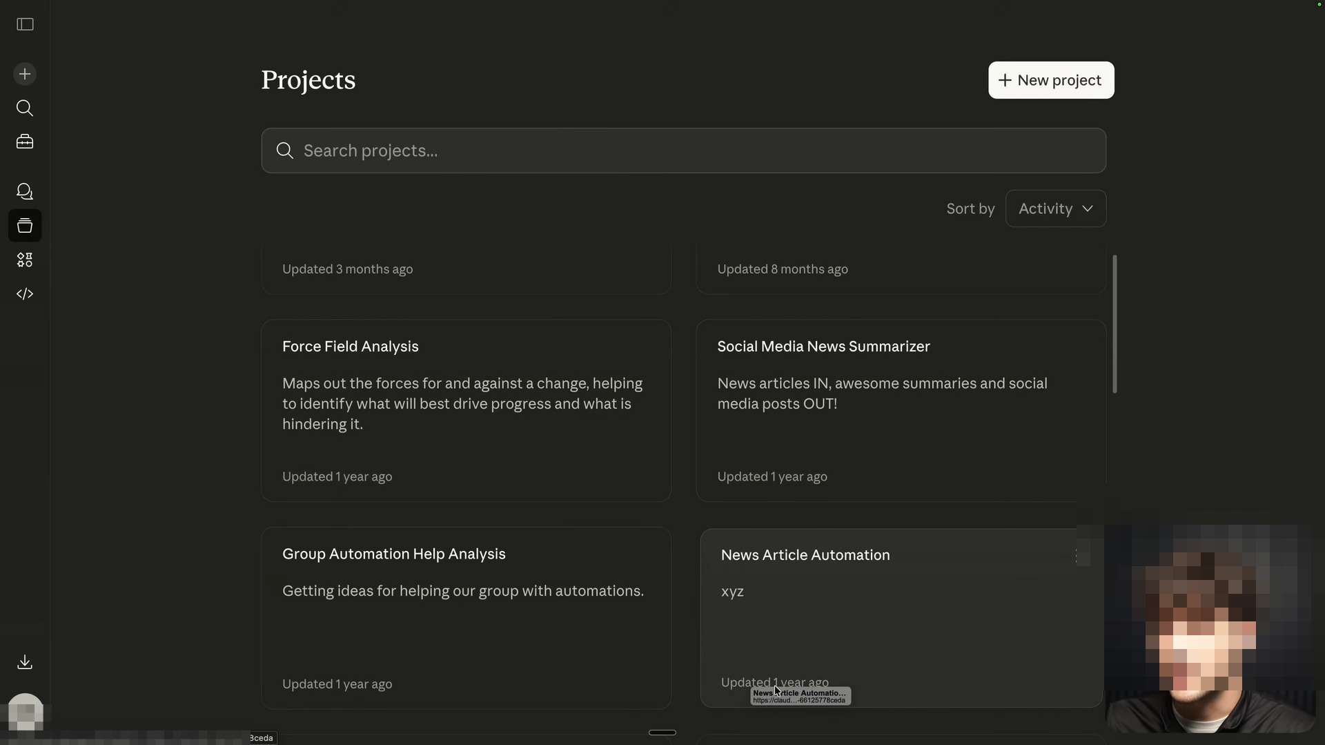Claude Projects landing page showing existing projects as a grid of cards. Each card displays a project title and optional context. Visible projects include Force Field Analysis, Social Media News Summarizer, Group Automation Help Analysis, and News Article Automation. Top of the page exposes a New Project button. Left rail shows the standard Claude navigation: New chat, Chats, Projects (active), and Artifacts. Search bar at top of the project list lets users filter by name. Dark theme with subtle accent color on active state. The Projects surface is the persistent-context workspace where Claude pins instructions and knowledge files across many chats.