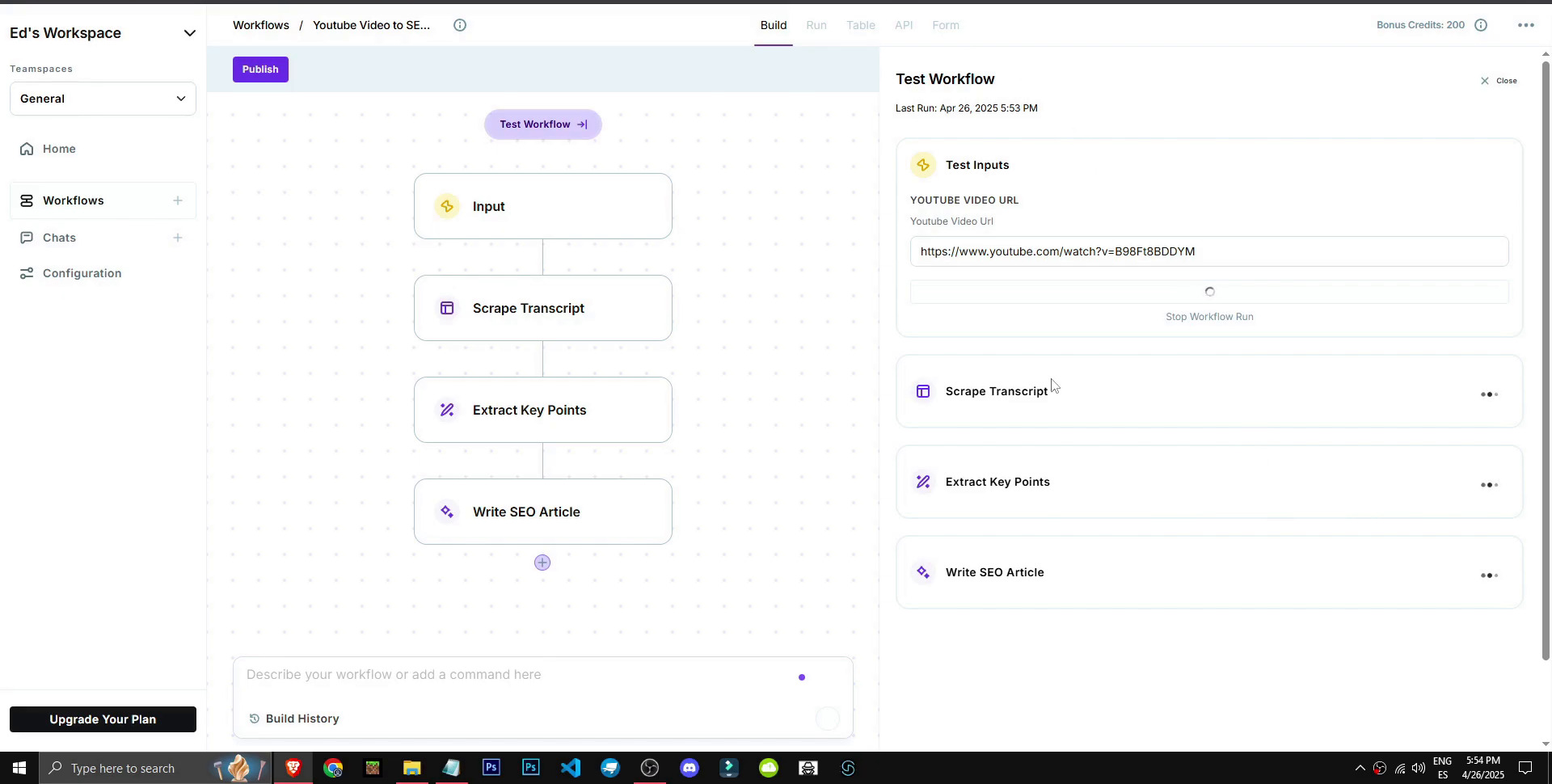 Copy.ai Workflow builder canvas. The canvas shows a left-to-right pipeline of connected nodes: Input (URL or transcript source), Scrape Transcript (auto-extract from a YouTube or web page), Extract Key Points (LLM step to summarize), and Write SEO Article (LLM step to draft the article). Each node has an input port, output port, and configuration panel showing the prompt or scraping settings. Top toolbar with Save, Run, and Share buttons. Left rail lists available node types: Input, LLM, Web, Data, Output. Right rail shows the run output of the selected node.