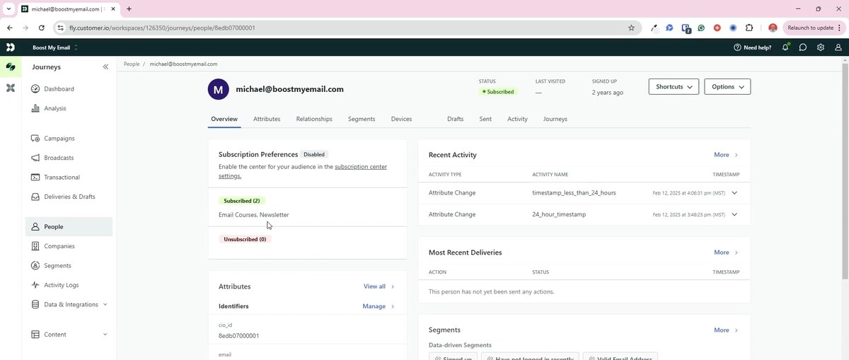Customer.io email content editor inside a workflow — Recommended Courses > Workflow > Email 1 breadcrumb, Content/Preview/Add language tabs, From: Hello / To: {{customer.email}} / Subject: Enroll in your next course today!, a Liquid-templated body using customer.first_name and a {% for %} loop over customer.recommended_courses, a Shop our course catalog CTA, and the Content Properties sidebar with font family, weight, size, text and link colors, alignment, paragraph spacing, line height, and letter spacing controls