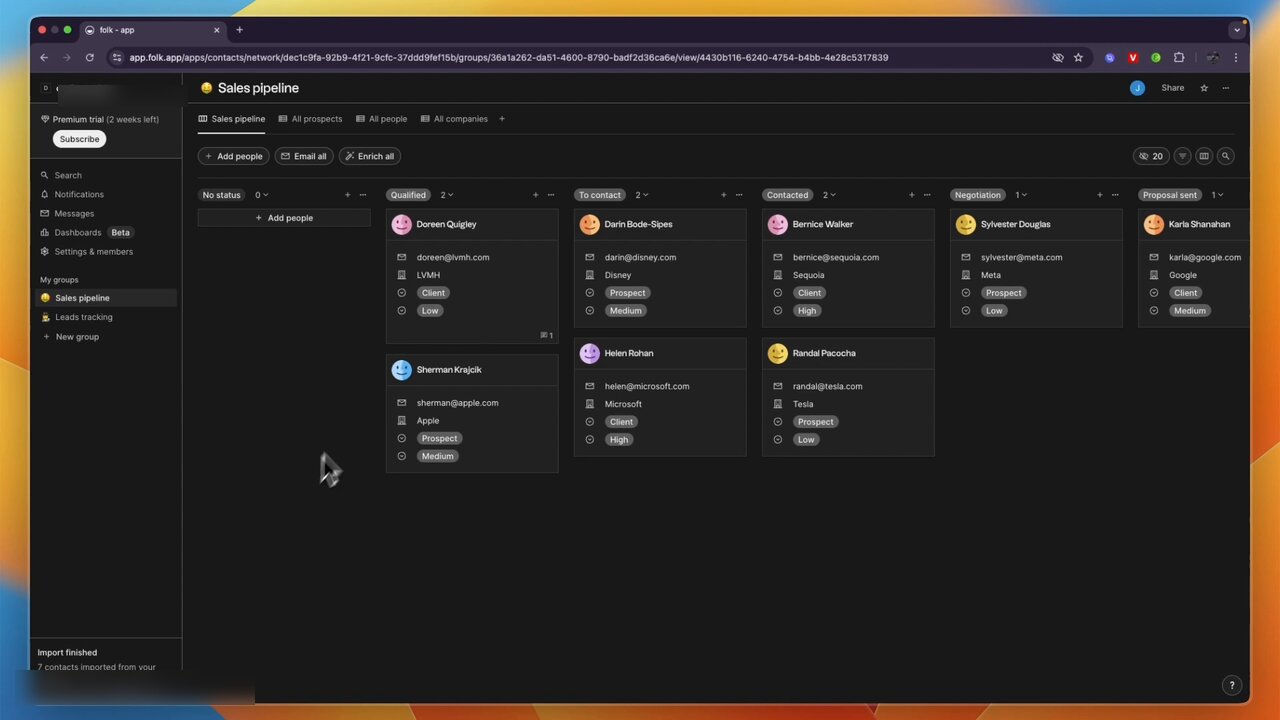 Folk CRM Sales pipeline kanban view in dark mode, captured in the Mac app shell at app.folk.app/contacts/network. Tabs at top: Sales pipeline (active), All prospects, All people, All companies. Six pipeline columns: No status (0), Qualified (2 with Doreen Quigley at LVMH and Sherman Krajcik at Apple), To contact (2 with Darin Bode-Sipes at Disney and Helen Rohan at Microsoft), Contacted (2 with Bernice Walker at Sequoia and Randal Pacocha at Tesla), Negotiation (Sylvester Douglas at Meta), Proposal sent (Karla Shanahan at Google). Each card carries email, company domain, and status pills like Client/Prospect with Low/Medium/High priority tags. Left rail lists My groups, Search, Notifications, Messages, Dashboards Beta, Settings and members.