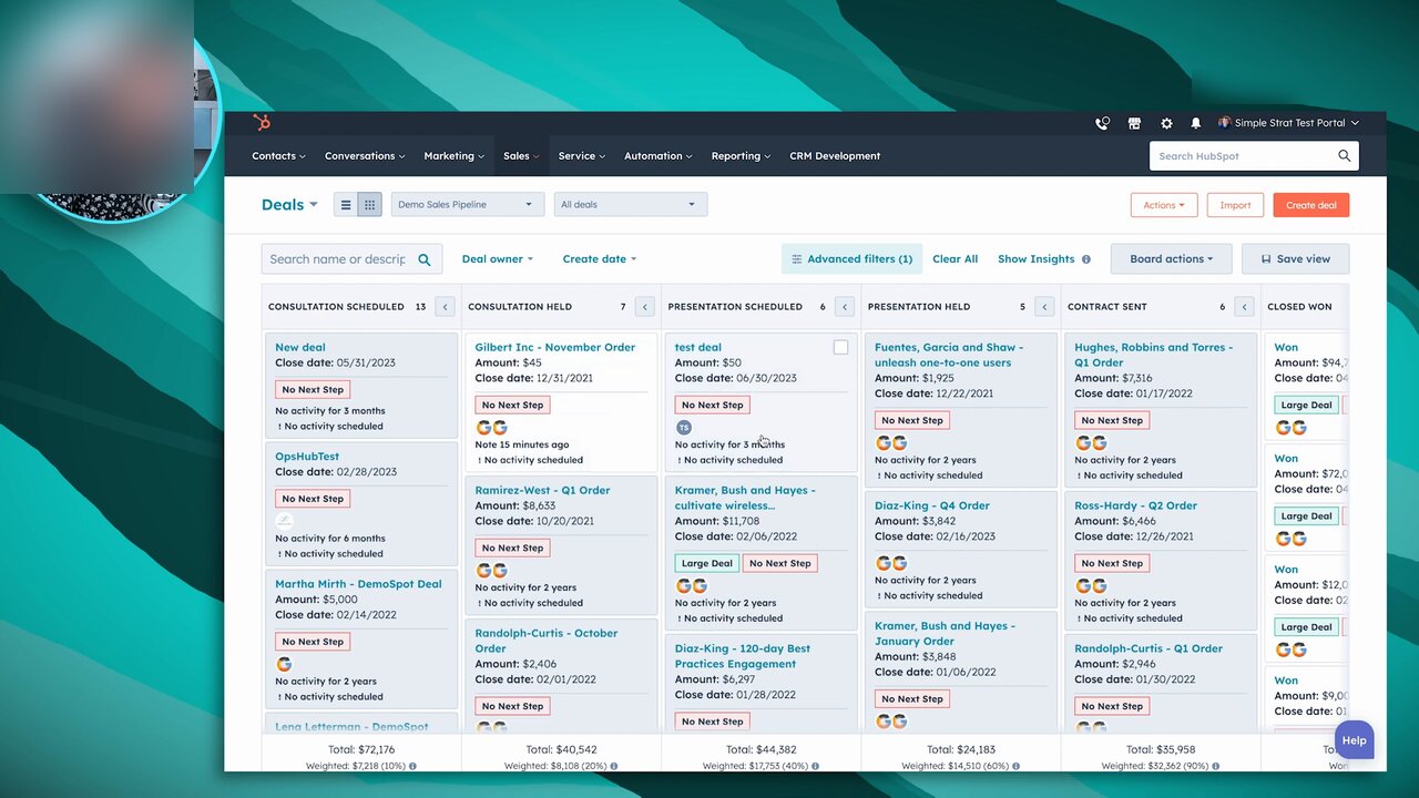 HubSpot CRM Deals board on the Demo Sales Pipeline. Six pipeline columns are visible: Consultation Scheduled (13), Consultation Held (7), Presentation Scheduled (6), Presentation Held (5), Contract Sent (6), Closed Won. Each column shows deal cards with company plus order name, Amount, Close date, a No Next Step button, and an activity status line. Visible deals include Gilbert Inc November Order $8,633 close 12/15/2021, Fuentes, Garcia and Shaw unleash one-to-one users $1,925 close 12/22/2021, Diaz-King Q4 Order $3,842 close 02/16/2023, and a Won closed-deal labelled Won. Column footers show totals like Total $72,176 / Weighted $7,218 (10%). Top nav: Contacts, Conversations, Marketing, Sales, Service, Automation, Reporting, CRM Development.