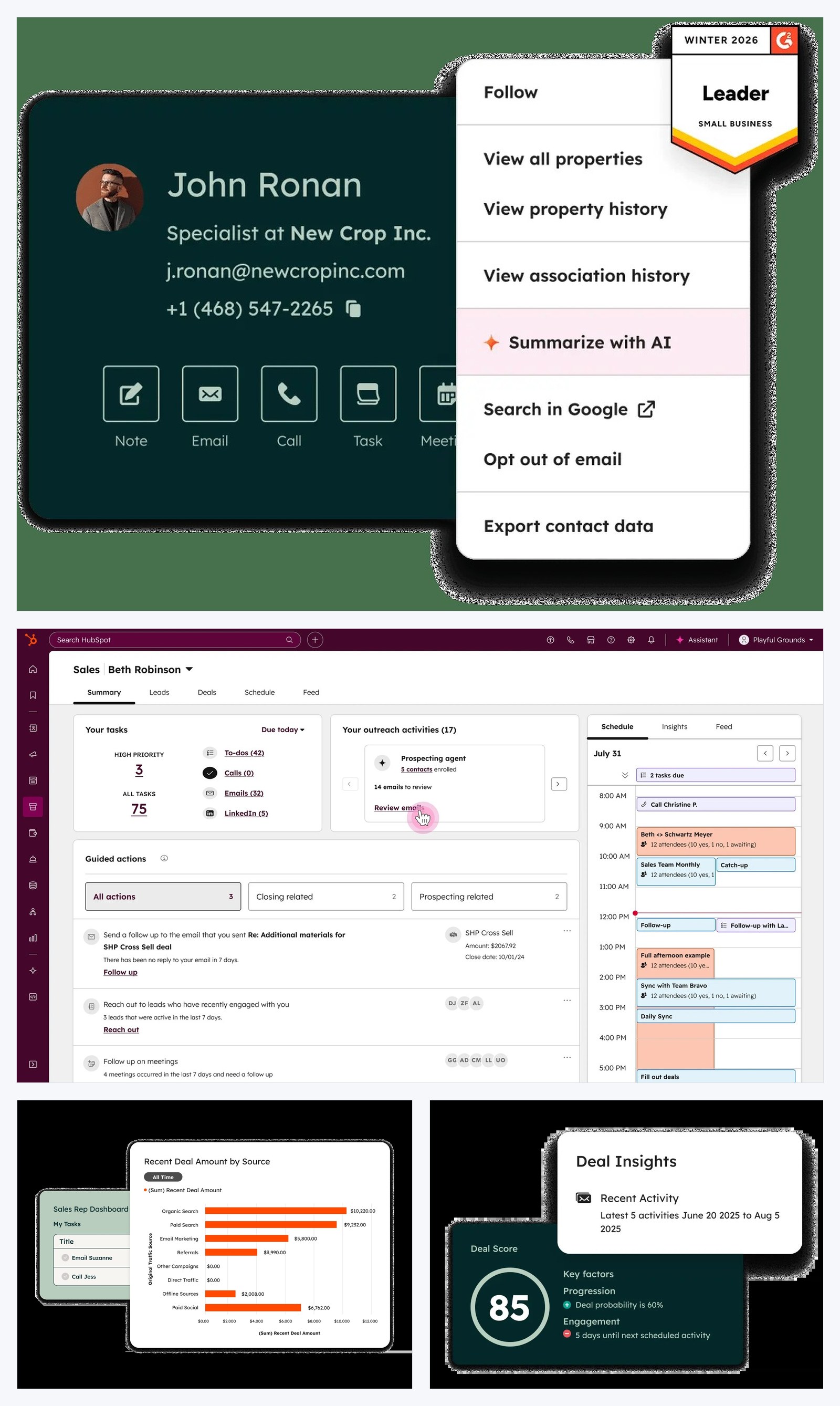 Three-panel composite of HubSpot CRM: hero CRM workspace on top showing the contact view layout, prospecting workspace in the middle with task queues and outreach activity, and the sales dashboard alongside the deal scores panel on the bottom