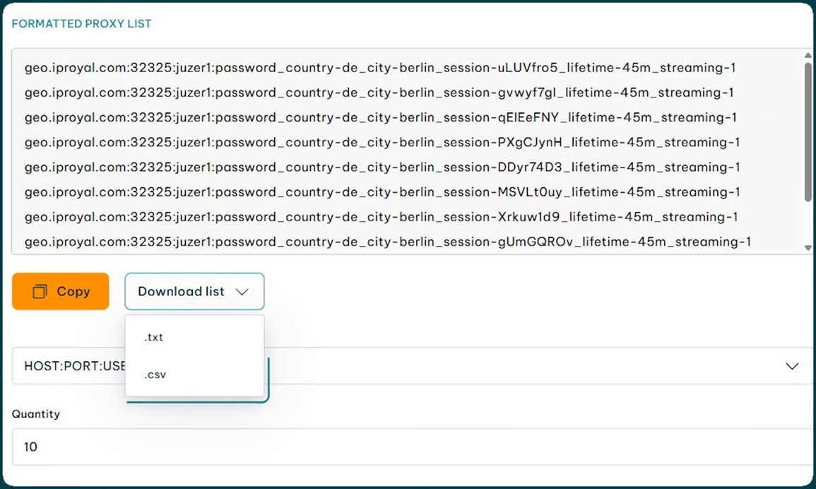 IPRoyal Formatted Proxy List view showing generated proxy endpoints. Top section labeled FORMATTED PROXY LIST with a dropdown showing IP:PORT:USER:PASS (active selection). Output text area populated with a long list of formatted proxy endpoints in the format geo.iproyal.com:32323:username:password,country-us,city-berlin,session-XYZ_lifetime-45m_streaming-1 across many rows. Below the output area Quantity field 50, HOST PORT LIST label. Copy and Download txt buttons in orange and gray.