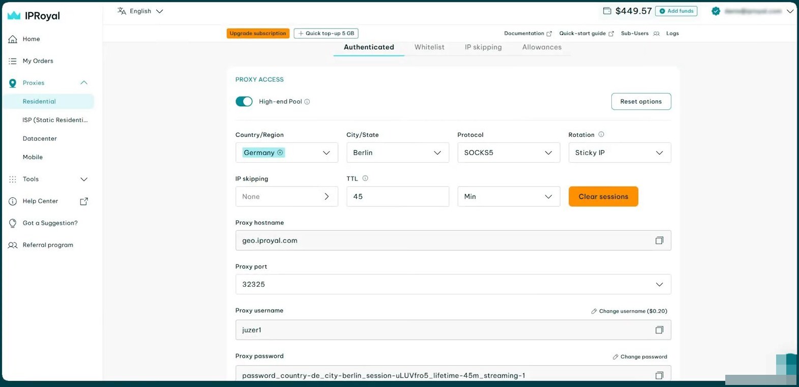 IPRoyal dashboard Proxy Setup configuration form. Top navigation with IPRoyal logo, breadcrumb, Help link, Sign Out, balance indicator. Left sidebar with My Royal product navigation including Authentication highlighted in orange, Reseller, Documentation, Quick start guides, Tools links. Center panel Proxy Setup with Connection Type tabs and form fields Country dropdown (Auto), State dropdown (Burns), City dropdown, Quantity field 30000, Period dropdown Lifetime, Currency dropdown. Proxy User Name field with generated username string. Proxy Password masked field. Authentication settings IP Whitelist toggle. Save settings button bottom-right.