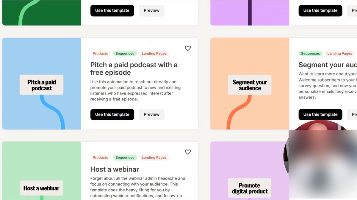 Kit Sequences template gallery — visual cards for prebuilt creator-commerce automations: Pitch a paid podcast with a free episode, Segment your audience, Host a webinar, and Promote digital product — each card tagged with Products / Sequences / Landing Pages and offering Use this template and Preview CTAs