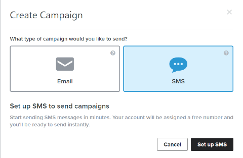 Klaviyo Create Campaign modal with the channel choice between Email and SMS, SMS option selected, both channels live inside the same campaign builder
