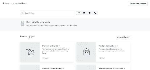 Klaviyo Flows builder — Create Flow screen with the goal-based template gallery (Browse by goal cards for Prevent lost sales, Nurture subscribers, Build customer loyalty, Remind people to purchase) and the search-and-filter bar at the top of the flow library