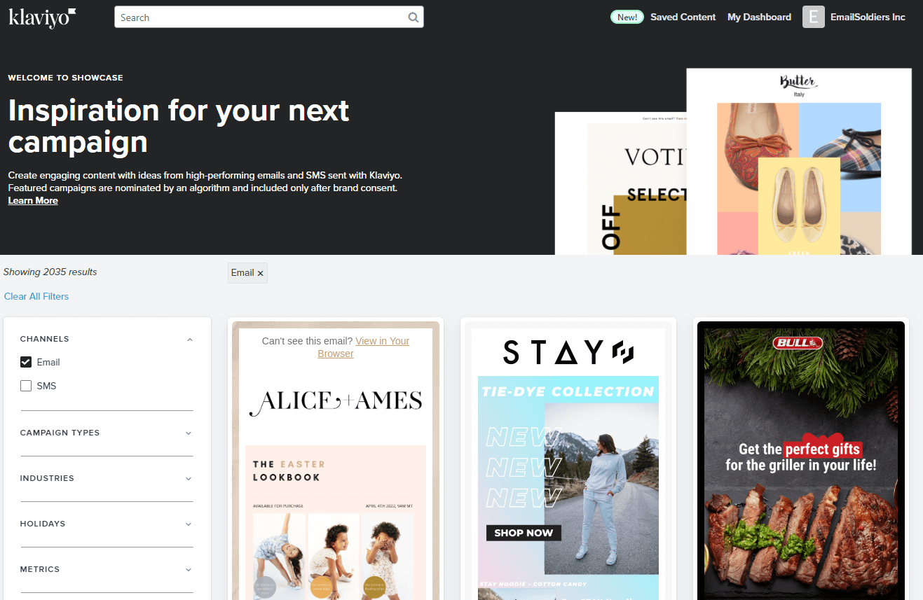 Klaviyo Showcase page with email and SMS campaign templates from real DTC brands — Voto, Alice & Ames, Stayo and others — the e-comm-native template library Customer.io's developer-focused product doesn't bundle