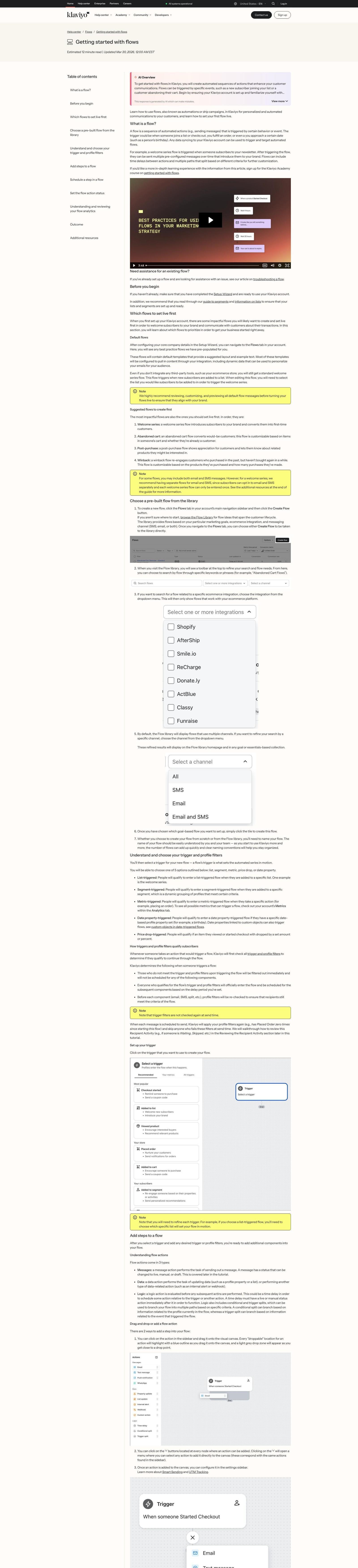 Klaviyo flow editor walkthrough — full-page reference from help.klaviyo.com showing the trigger picker, integrations dropdown, channel selector, action card, time-delay configuration, email details panel, A/B variant cards, and flow analytics table