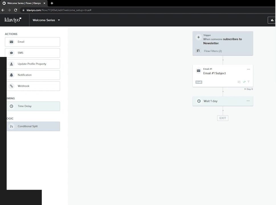 Klaviyo Flows canvas mid-build for a Welcome Series, captured from the flow editor at klaviyo.com/flow. The dark workspace header carries the klaviyo wordmark, a Welcome Series flow-name dropdown, and a Show Analytics button. The left rail is the action palette: ACTIONS group with Email, SMS, Update Profile Property, Notification, Webhook; TIMING with Time Delay; LOGIC with Conditional Split. The canvas shows a three-step sequence — Trigger When someone subscribes to Newsletter with two Flow Filters, an Email #1 step labelled Email #1 Subject in Draft state, a Wait 1 day delay tagged Day 0, then an Exit terminator.