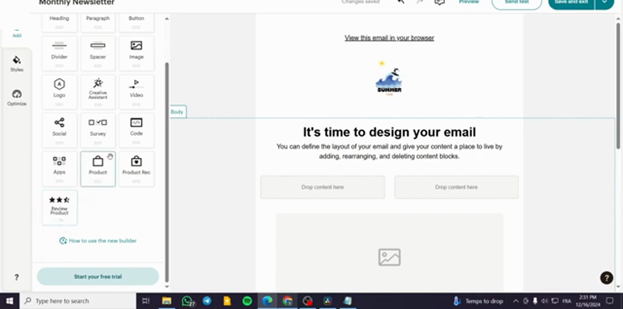 Mailchimp's email builder canvas with the content-blocks sidebar, drag-and-drop blocks for image, text, button, divider, social icons, into a centered email canvas