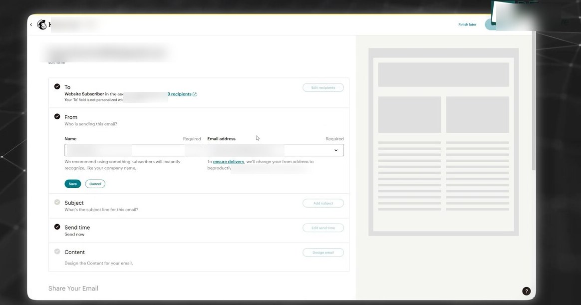 Mailchimp campaign builder workflow — To / From / Subject / Send time / Content checklist on the left with each step in a card, the To and Send time steps already checked off (Website Subscriber audience, 9 recipients, Send now), the From step expanded with Name and Email address fields, Subject and Content steps still pending, an Edit recipients button, and an empty email preview pane on the right
