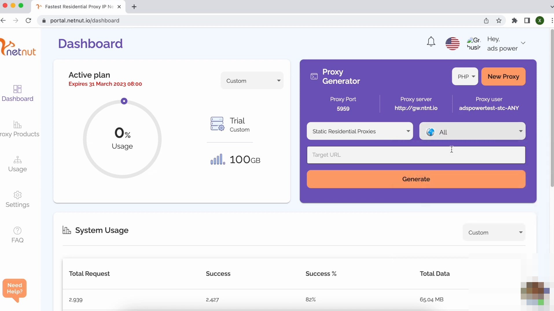 NetNut dashboard Active plan view with Proxy Generator panel. Top navigation NetNut logo, search bar, language selector, Help icons, Notifications, Add Plan button. Left sidebar Dashboard, Plans, Usage, Settings, FAQ. Active plan section displays Expires 31 March 2024 with 0 percent Usage donut indicator, Trial Custom label, 100 GB plan size. Proxy Generator panel right side with Proxy Port 8090, Proxy server adp-proxynet-uk-007, Username, Password fields, Authentication Type dropdown, Country flag selector set to GB, City dropdown All, Format dropdown, plus an orange Generate button. System Usage section below with table columns Total Request, Success, Success percent, Total Data.