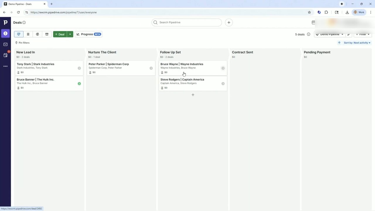 Pipedrive Deals kanban view on the Demo Pipeline at /pipeline/7/user/everyone, 5 deals total. Five stage columns: New Lead In ($0, 2 deals: Tony Stark at Stark Industries and Bruce Banner at The Hulk Inc., both $0), Nurture The Client ($0, 1 deal: Peter Parker at Spiderman Corp), Follow Up Set ($0, 2 deals: Bruce Wayne at Wayne Industries and Steve Rodgers at Captain America), Contract Sent (empty), Pending Payment (empty). Each card shows person and organization on two lines plus a $0 amount. Top toolbar: Search Pipedrive, Deal create button with split actions, Progress BETA, 5 deals counter, Demo Pipeline selector, edit pencil, Filter. Left nav: pipeline icon active plus mail and calendar shortcuts.