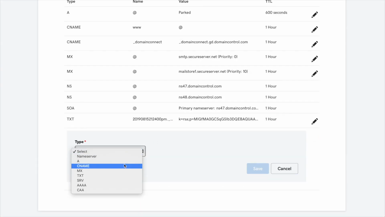 DNS management UI showing CNAME, MX, and TXT records being added for email authentication — the Type, Name, Value, and TTL columns of a typical SPF/DKIM setup at a domain registrar