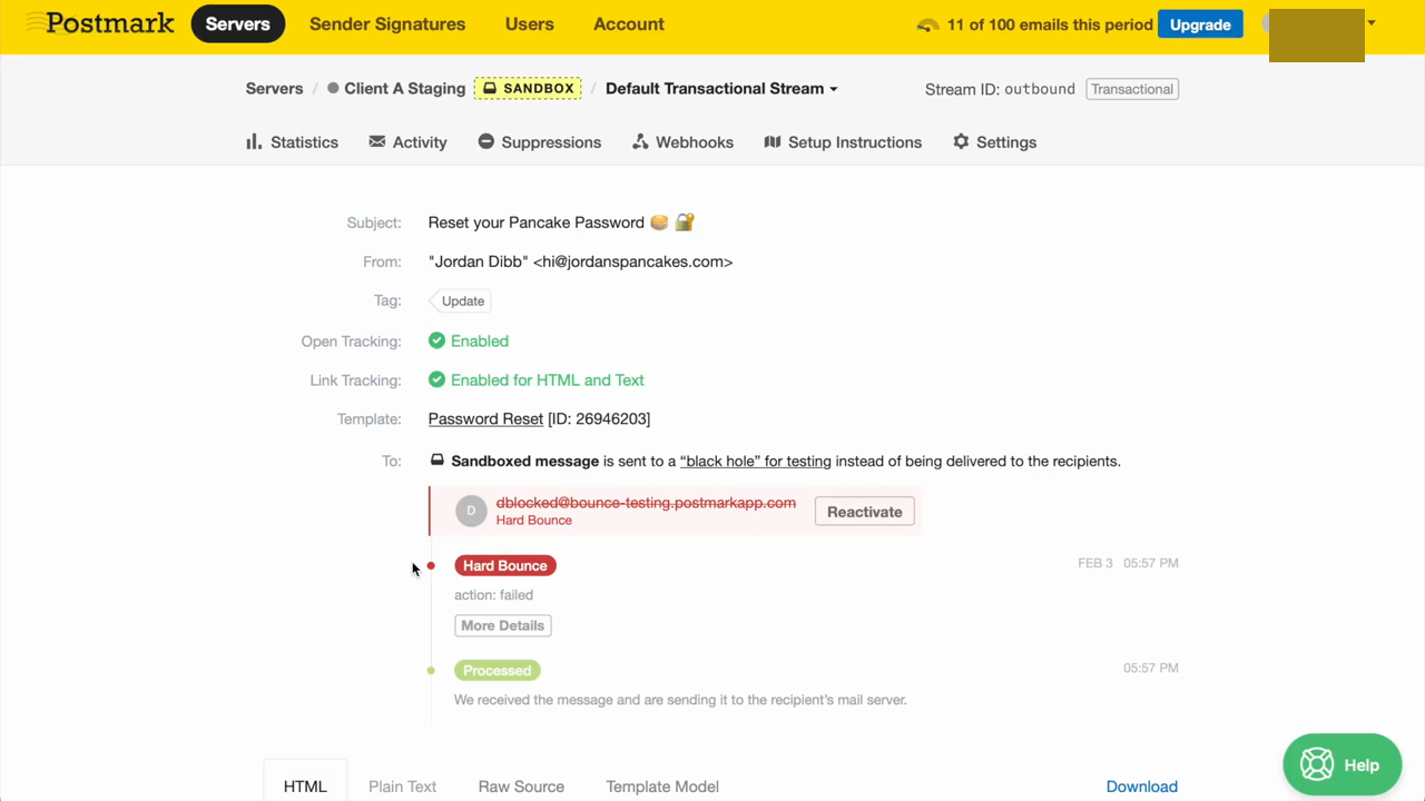 Postmark message activity view — signed-in dashboard with the Servers / Sender Signatures / Users / Account top nav, Sandbox stream selector, message detail showing subject 'Reset your Pancake Password', open and link tracking enabled, and a Hard Bounce status with timestamp