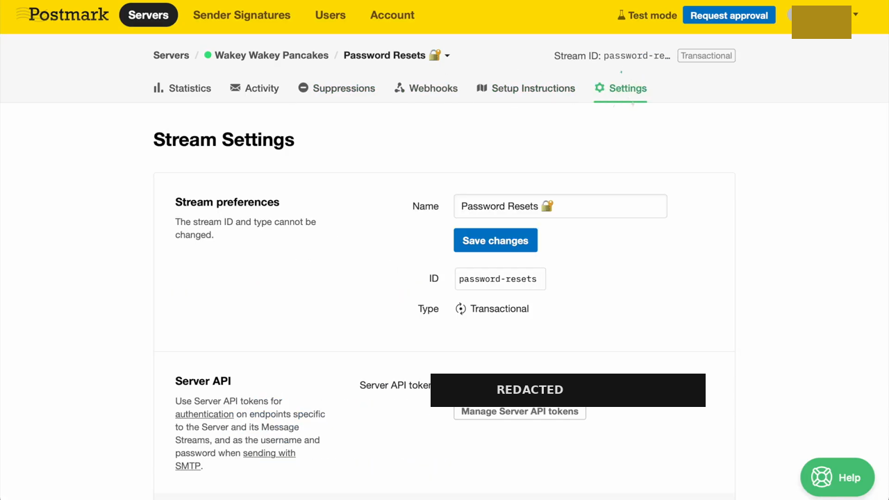 Postmark Stream Settings page for a Password Resets transactional stream — name, ID, type, and Server API tokens panel (token value redacted) with the Manage Server API tokens button