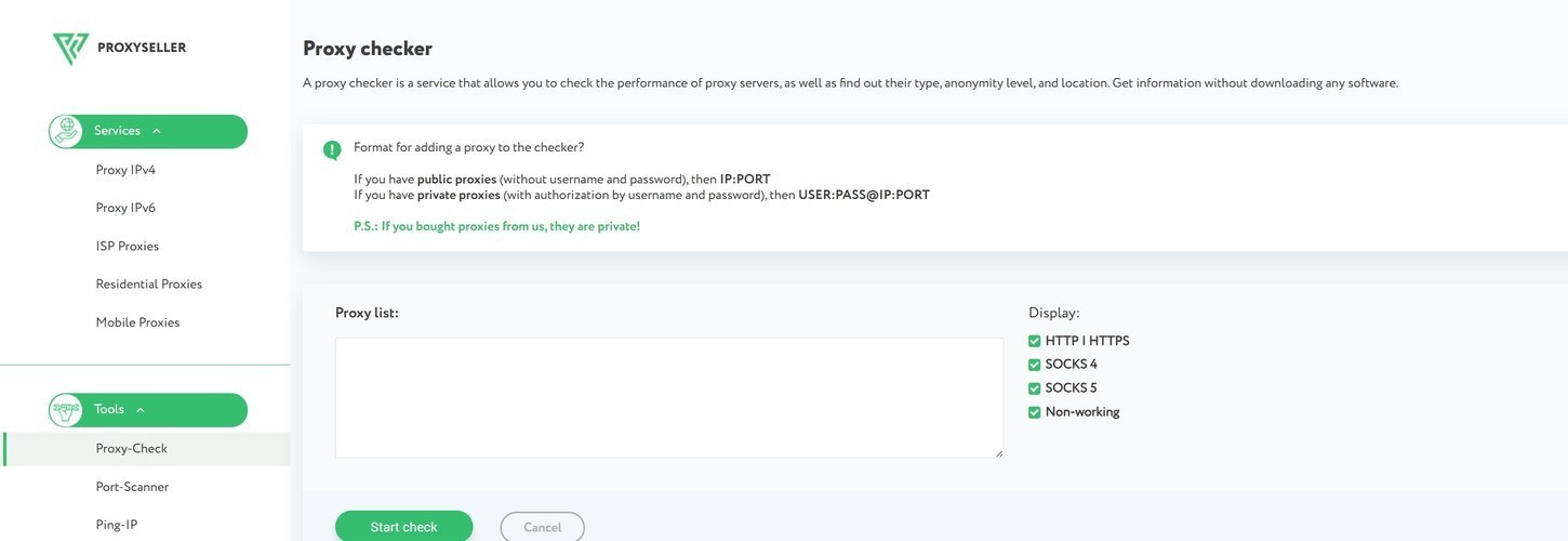 Proxy-Seller Proxy Checker tool inside the user dashboard. Left sidebar: Services menu (Proxy IPv4, Proxy IPv6, ISP Proxies, Residential Proxies, Mobile Proxies) and Tools menu (Proxy Check, Port Scanner, Ping IP, My IP, IP-Trace). Main panel: input area for pasting a Proxy list, display checkboxes for HTTP/HTTPS, SOCKS 4, SOCKS 5, and Not working, plus a green Start check button. Below the tool: a video guide thumbnail titled Quick Start Guide to Using Proxy Checker.