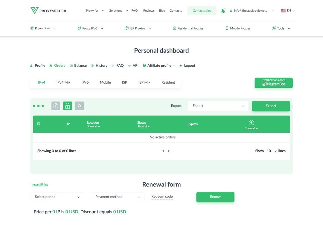 Proxy-Seller Personal Dashboard, signed-in account view. Top nav: Profile, Orders, Balance, History, FAQ, API, Affiliate profile, Logout. Below it, tabs for IPv4, IPv4 Mix, IPv6, Mobile, ISP, ISP Mix, Resident. Main area shows the active proxy list (No active orders state) with Export controls. Renewal Form panel below for re-upping IP packages with period and payment method selectors.