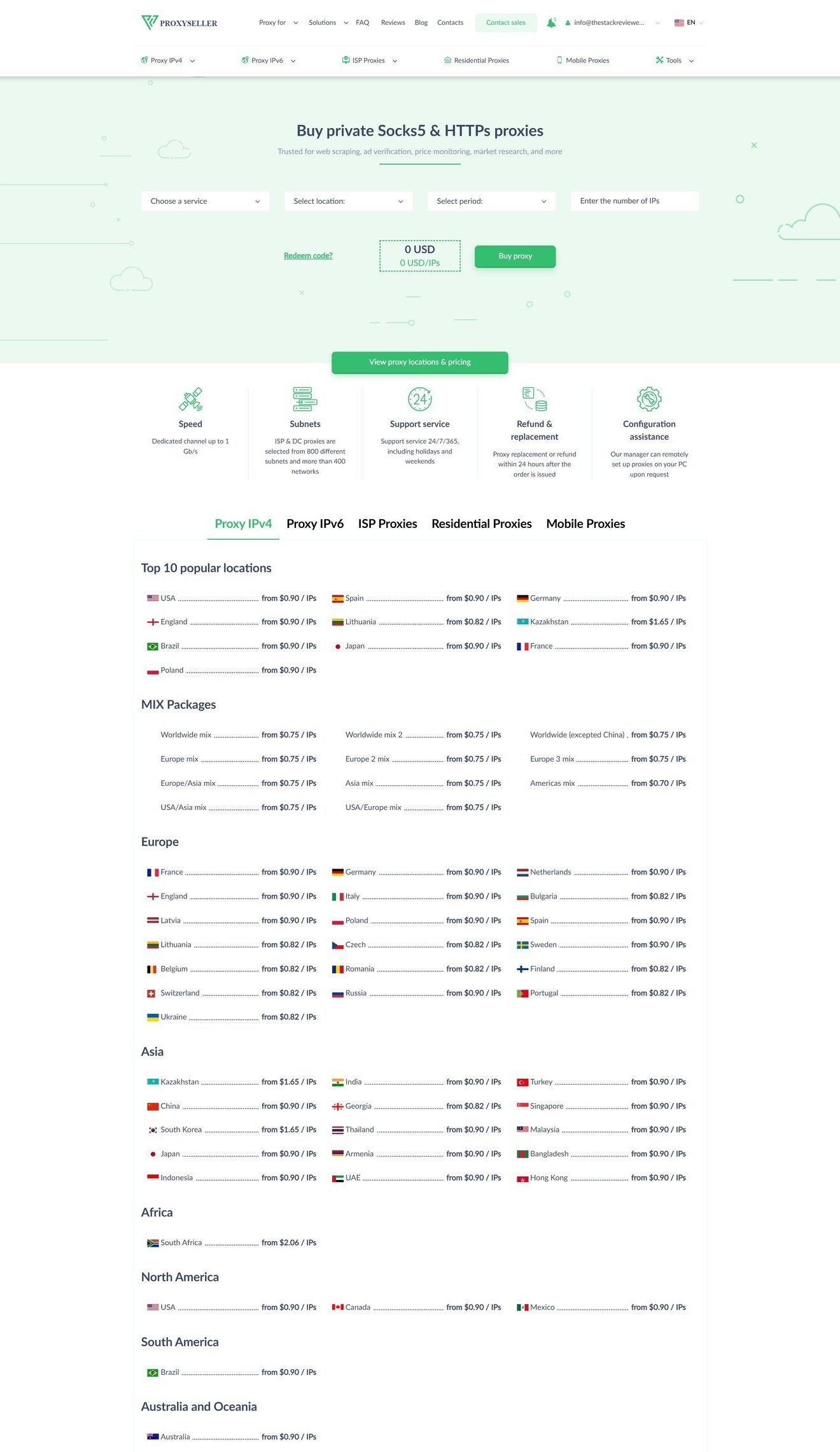 Proxy-Seller location pricing page. Top section: 'Buy private Socks5 & HTTPS proxies' with package configurator. Below: tabs for Proxy IPv4, Proxy IPv6, ISP Proxies, Residential Proxies, Mobile Proxies. Top 10 popular locations table with per-country prices in green. USA Packages section with city-level pricing across multiple US states. Europe, Asia, Africa, South America, Australia and Oceania sections each with country-by-country pricing rows.