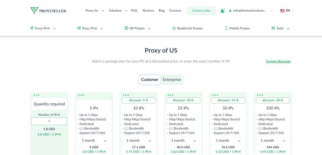 Proxy-Seller Buy US IPv4 Proxies product page. Five pricing-tier columns across the top showing different duration packages from short-term IP rentals up to longer-term bulk volumes, each with green Buy buttons. Below: Frequently Asked Questions panel on the left and Featured Articles panel on the right (titles include Best IPv4 Private Companies Reviews and Best Proxy Providers in 2026 Top Tools and Full Listing). Affiliate program callout below. Footer: Proxy Seller is the Best Private US Proxy Provider body text.