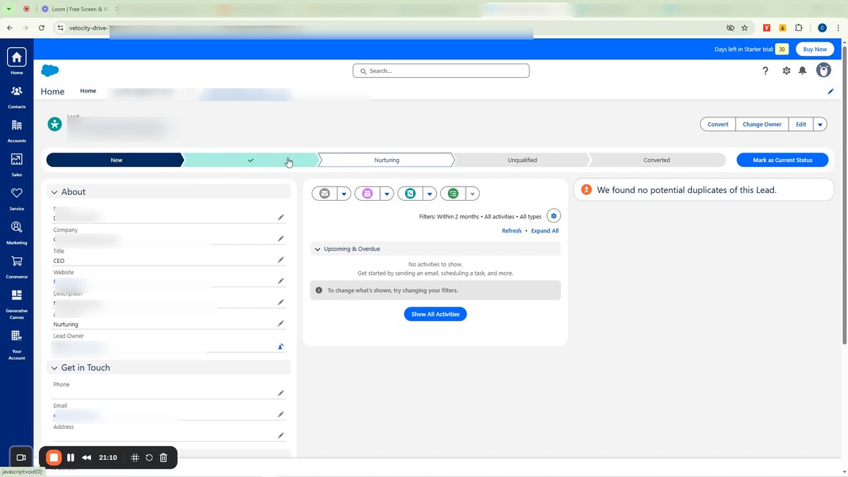 Salesforce Lightning Experience Lead record — left rail with Home / Contacts / Accounts / Sales / Service / Marketing / Commerce / Generative Canvas / Your Account, top bar with Days left in Starter trial 30 and a Buy Now CTA, status path stepping through New → Working → Nurturing (current) → Unqualified → Converted with a Mark as Current Status button, an About panel showing Title CEO / Lead Status Nurturing and other fields, a Get in Touch panel with Phone / Email / Address fields, and a 'We found no potential duplicates of this Lead' confirmation in the activity column